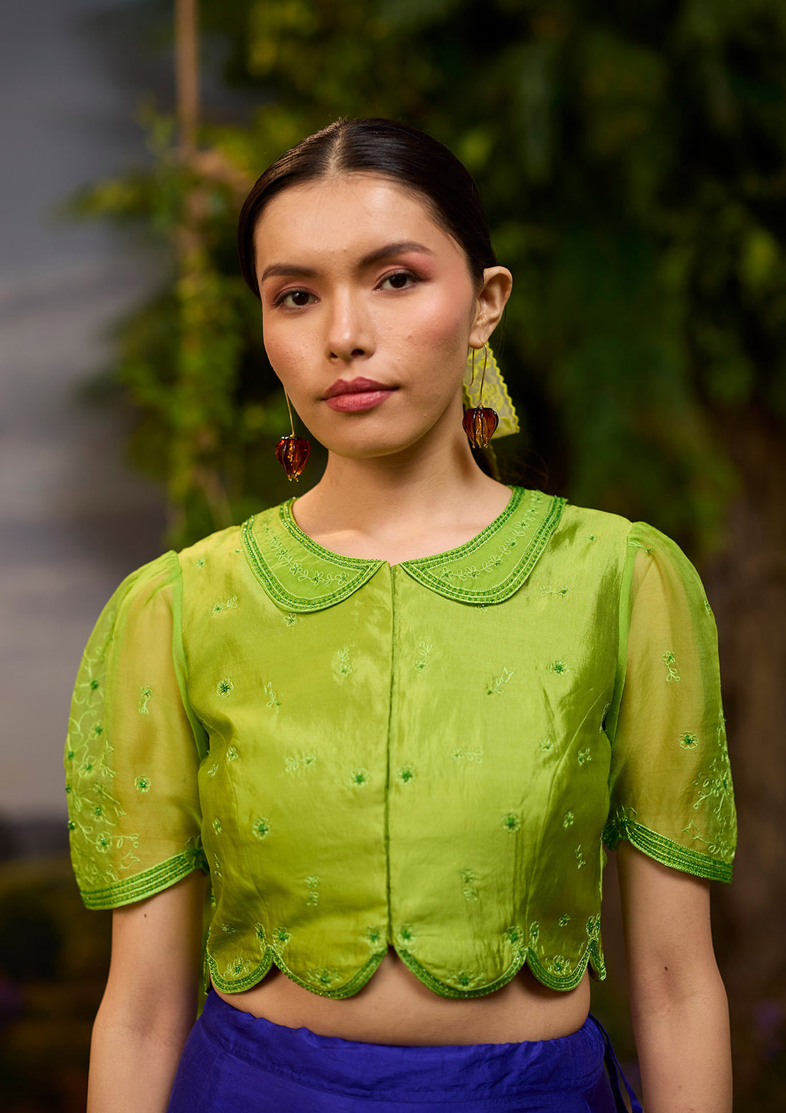 Framed-in-Bloom Embroidered Green Blouse