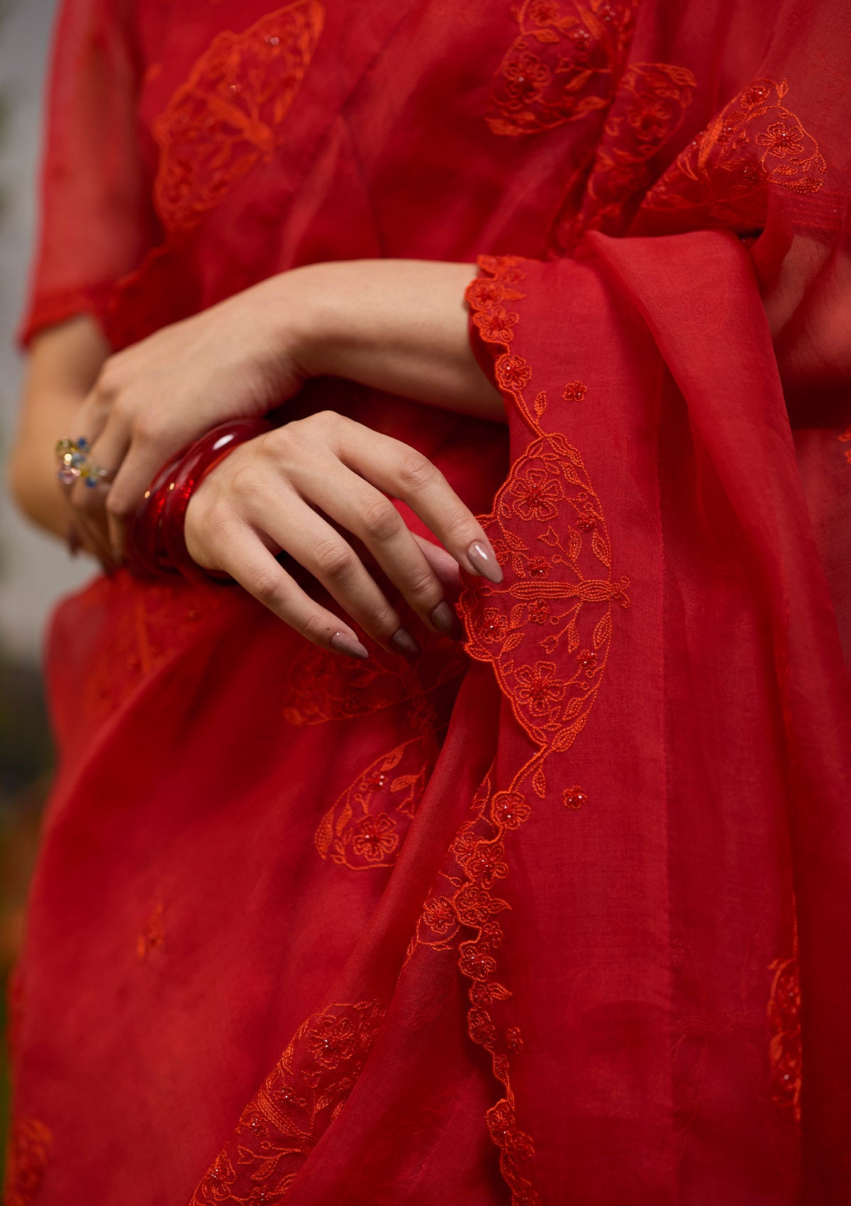 Flutter &amp; Bloom Embroidered Red Saree