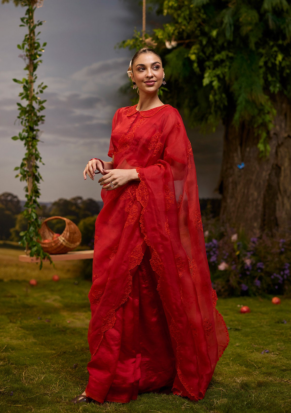Flutter &amp; Bloom Embroidered Red Saree