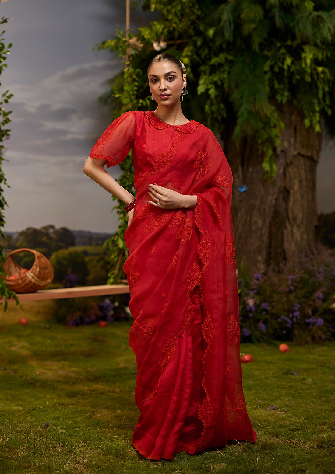 Flutter &amp; Bloom Embroidered Red Saree
