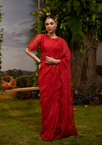 Flutter & Bloom Embroidered Red Saree