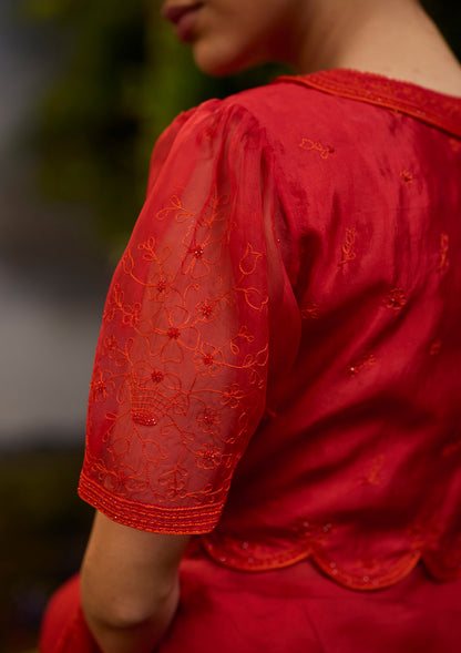 Framed-in-Bloom Embroidered Red Blouse