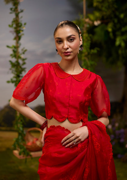 Framed-in-Bloom Embroidered Red Blouse