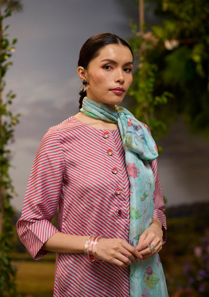 Dappled Red Striped Kurta Set