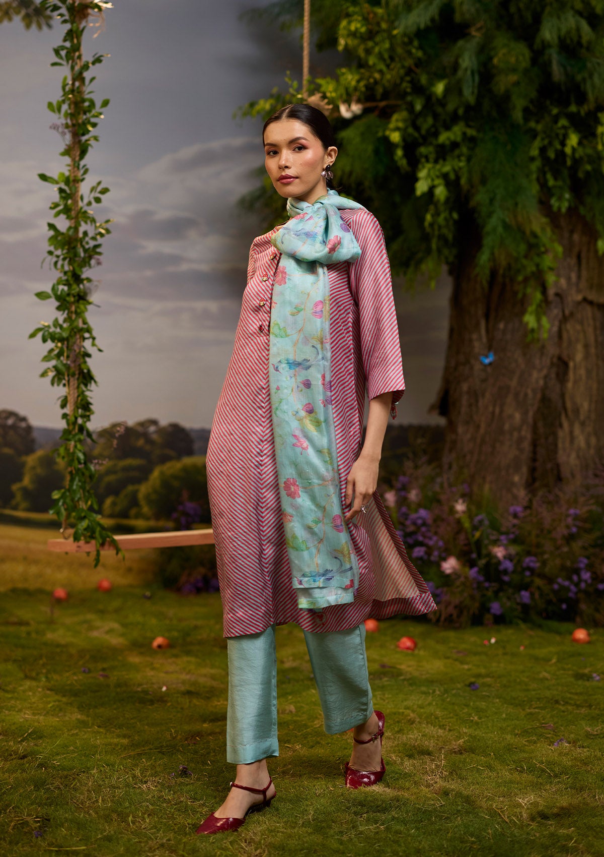 Dappled Red Striped Kurta Set