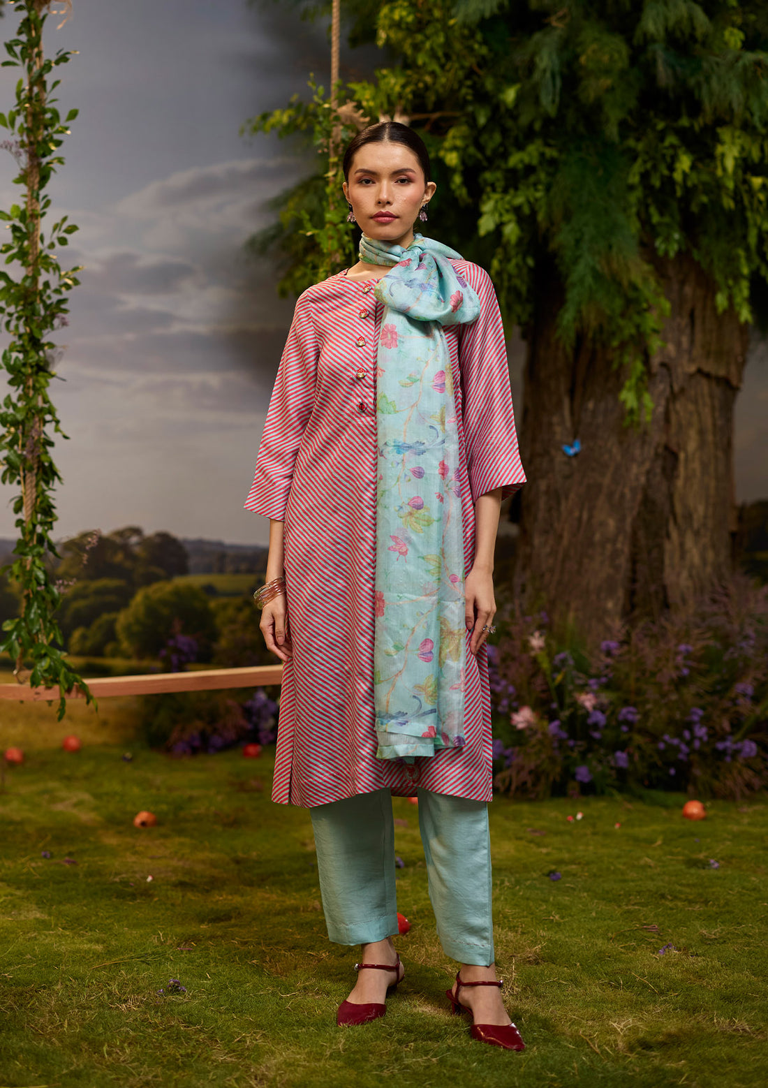 Dappled Red Striped Kurta Set