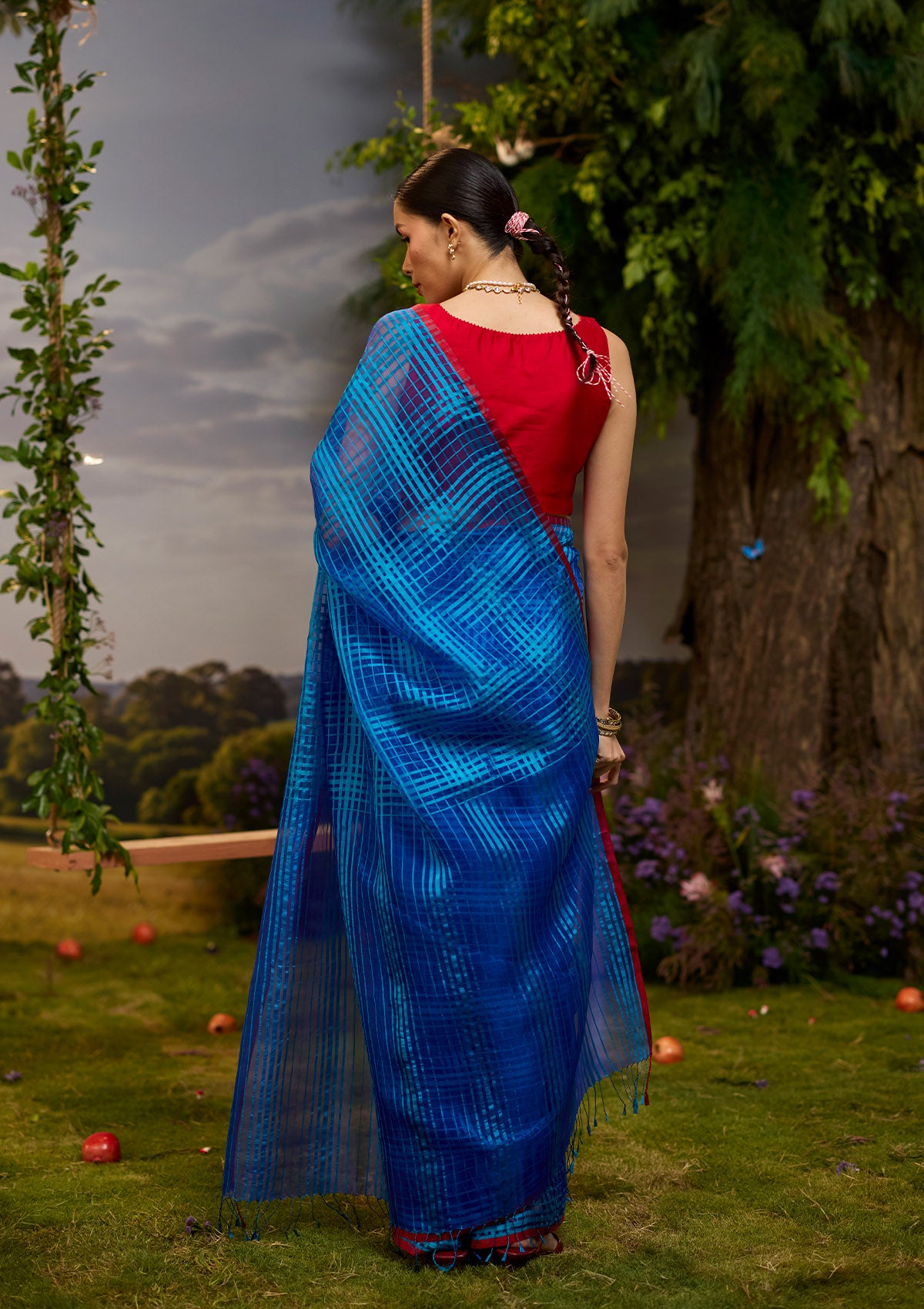 A-Walk-in-Blue Checkered Saree