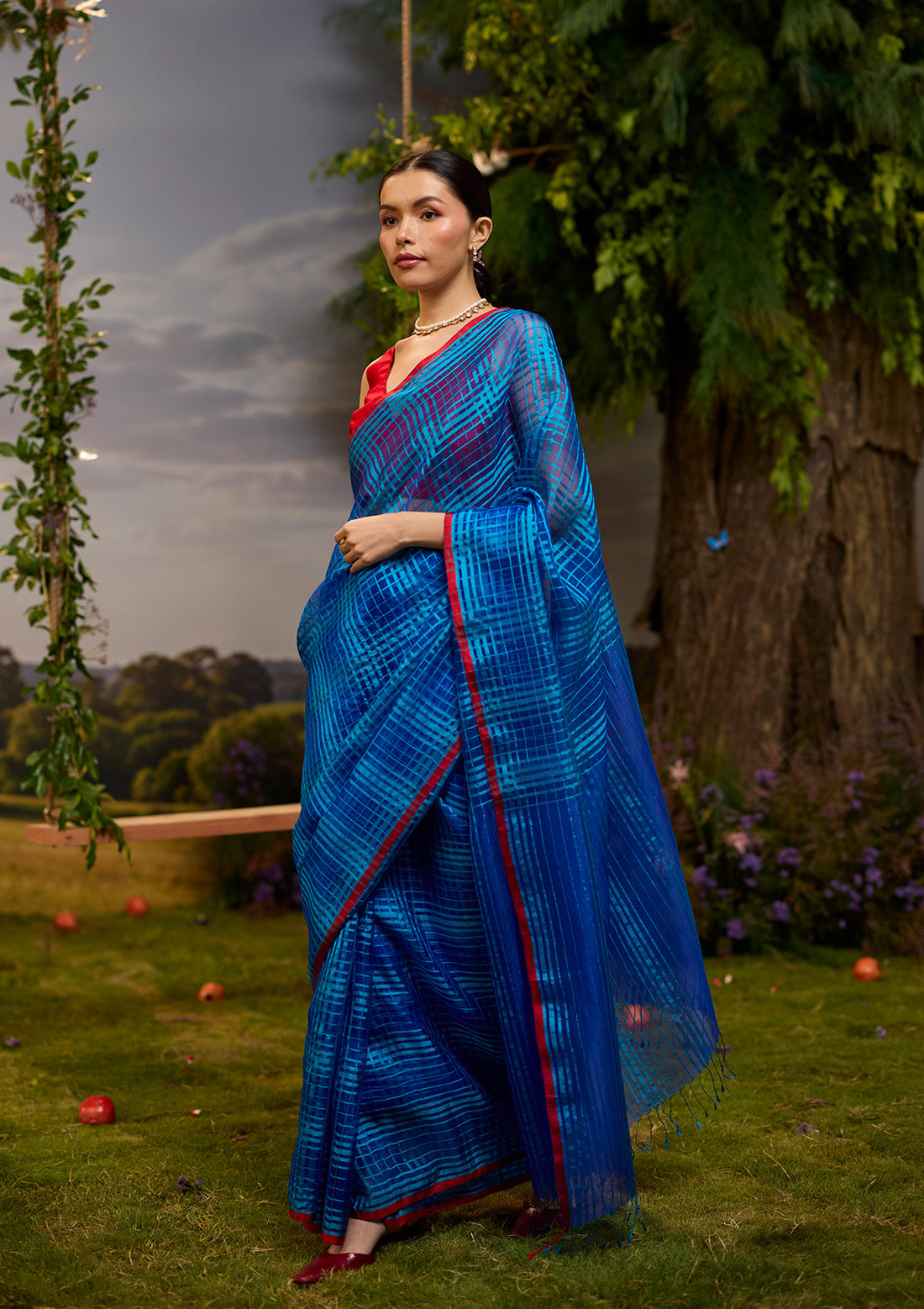 A-Walk-in-Blue Checkered Saree