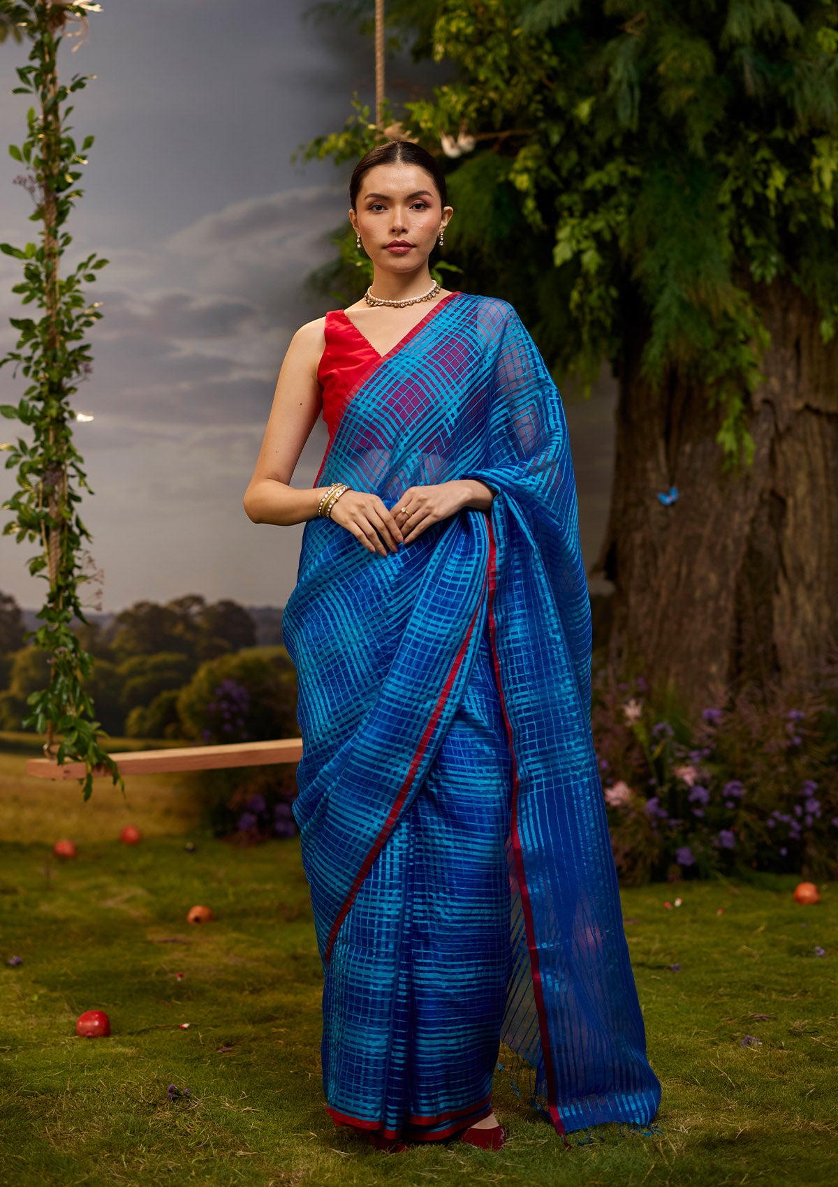 A-Walk-in-Blue Checkered Saree