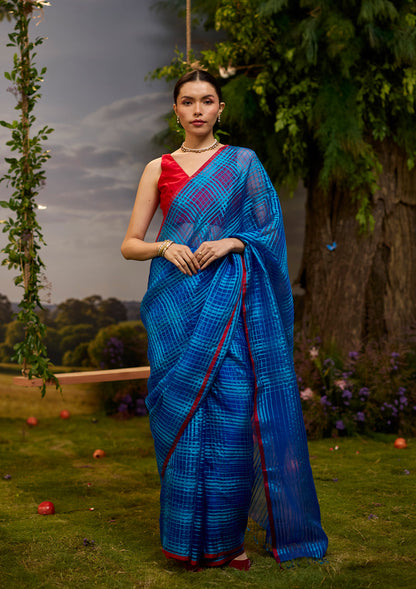 A-Walk-in-Blue Checkered Saree