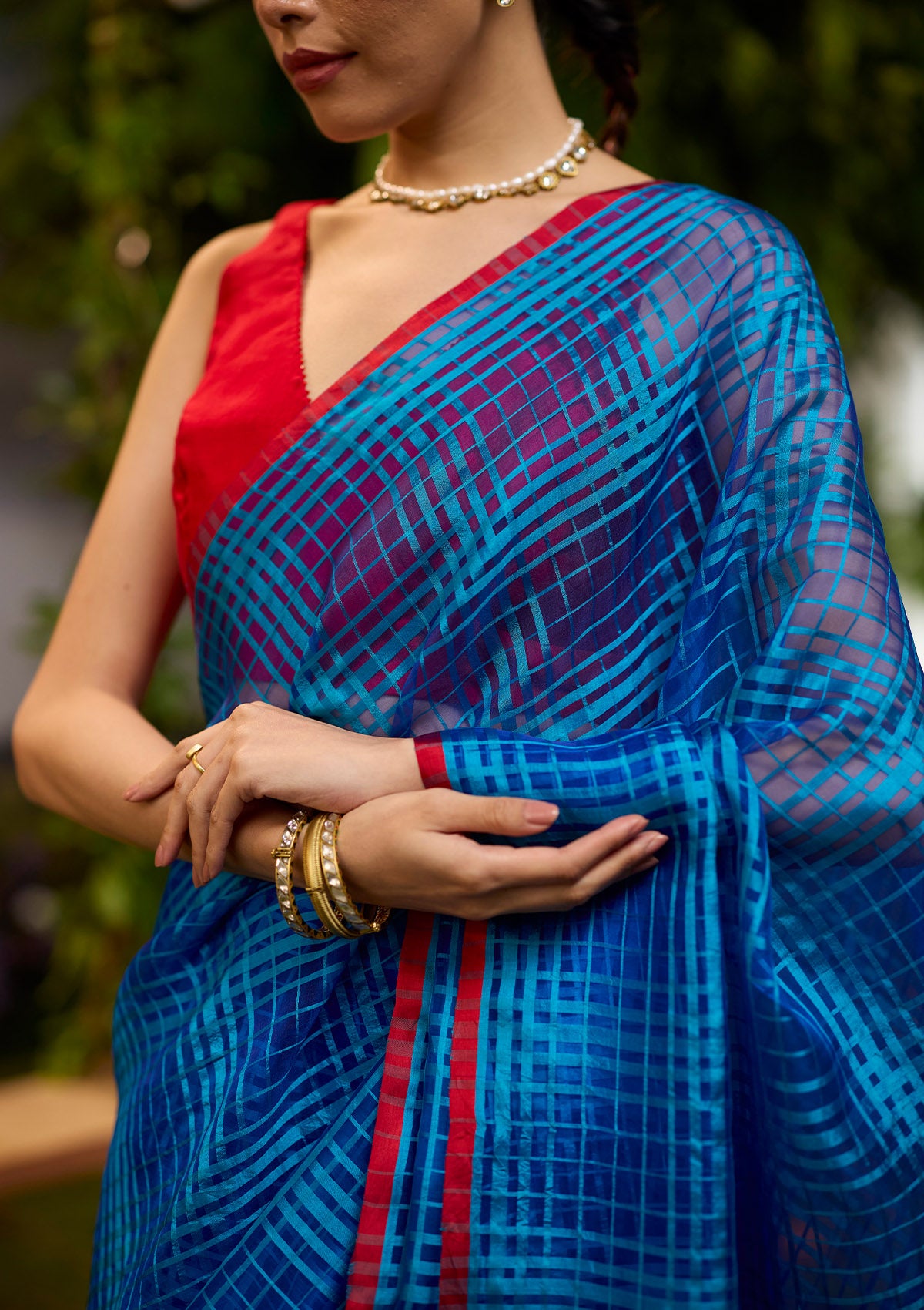 A-Walk-in-Blue Checkered Saree
