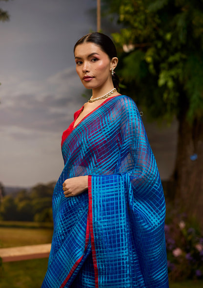 A-Walk-in-Blue Checkered Saree