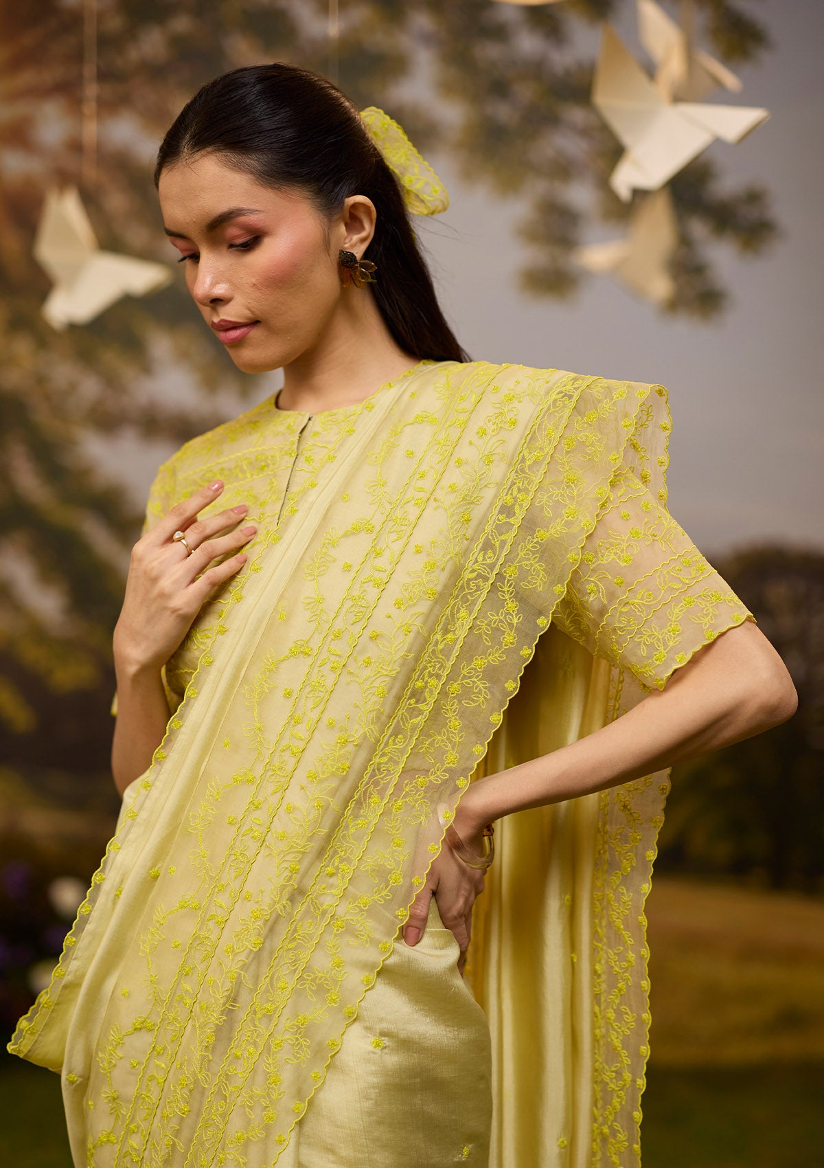 Woodland Stories Embroidered Yellow Saree