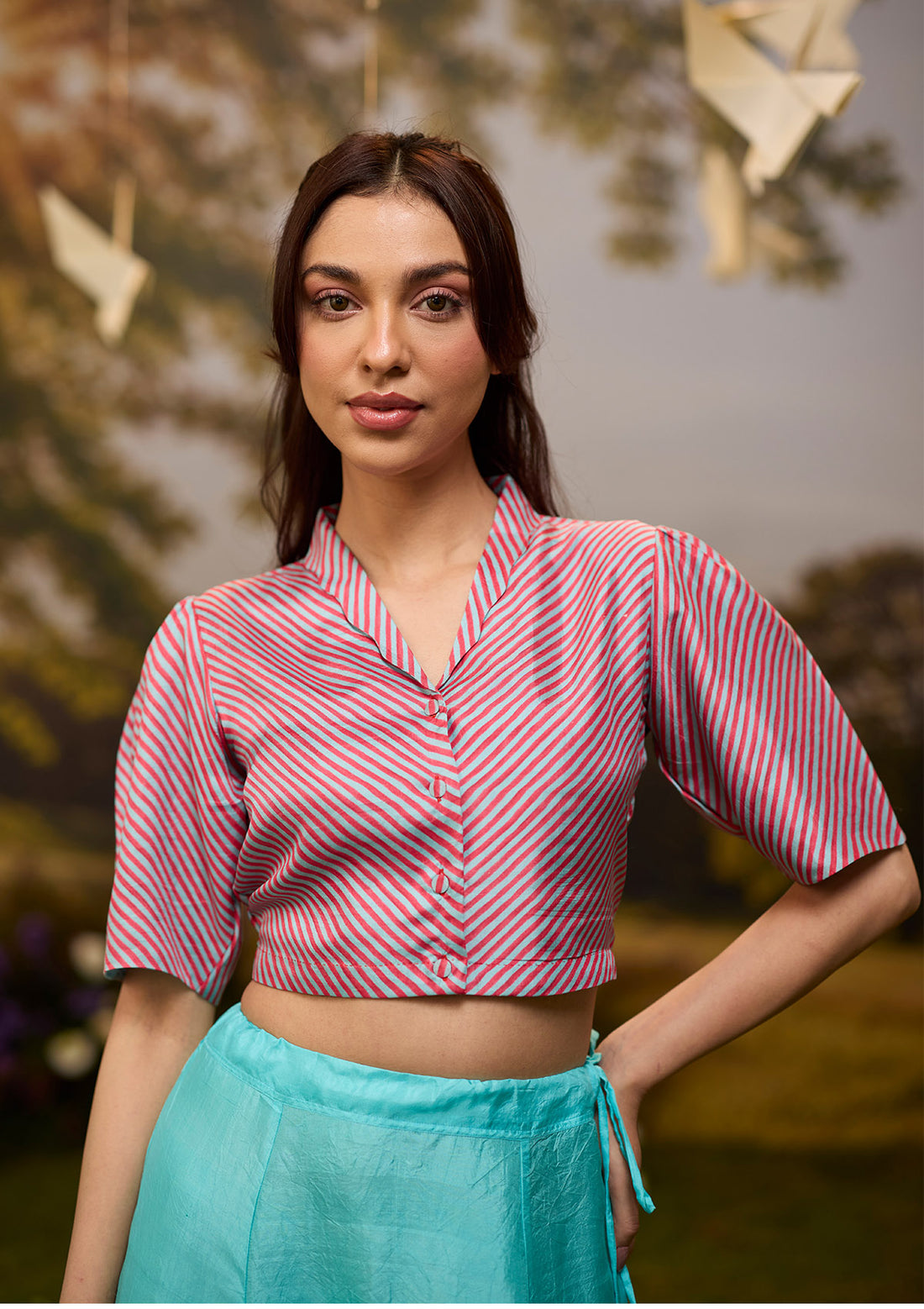 Dappled Red-Blue Striped Blouse