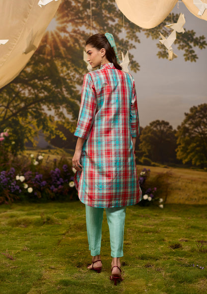 Berry &amp; Sky Checkered Kurta Set