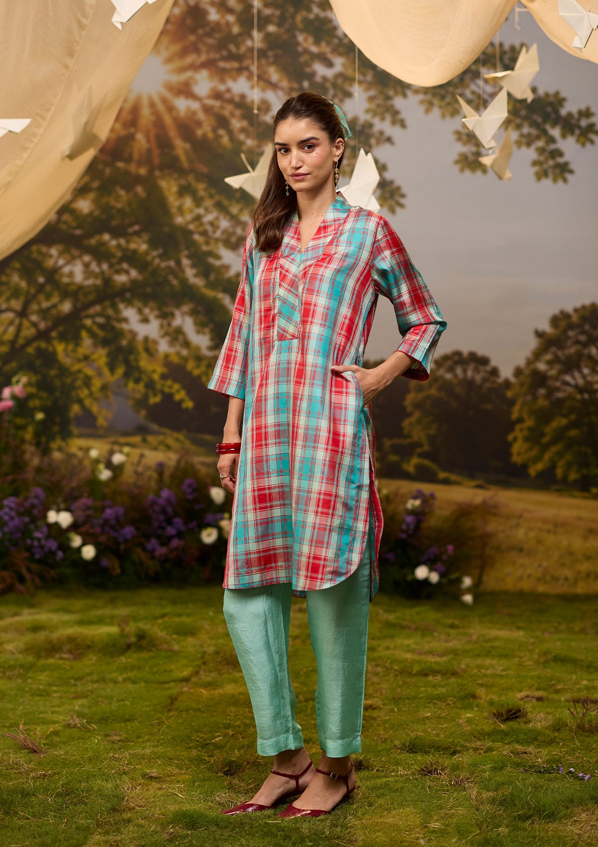 Berry &amp; Sky Checkered Kurta Set